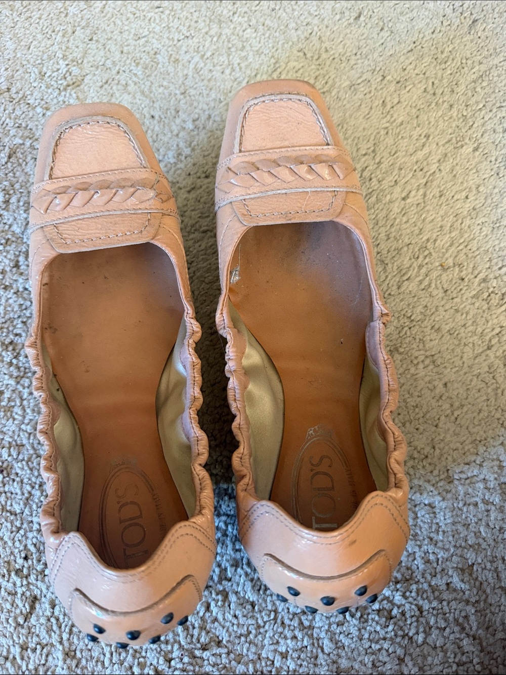 Tod's Peach Leather Ballerina Loafers with Braided Strap